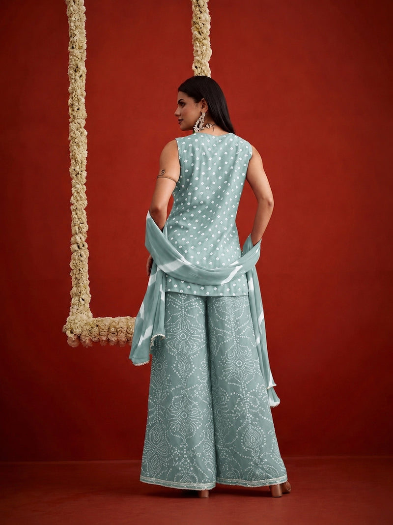 Stylum Women's Pista Bandhej Printed & Embroidered Rayon Straight Short Kurti Palazzo Dupatta Set (KPDPISTAGOKU)