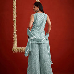 Stylum Women's Pista Bandhej Printed & Embroidered Rayon Straight Short Kurti Palazzo Dupatta Set (KPDPISTAGOKU)
