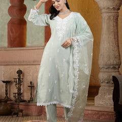 Stylum Women's Pista Green Solid & Embroidered Silk Straight Kurta Pant Dupatta Set (KPDPISTASAKHI)