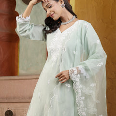 Stylum Women's Pista Green Solid & Embroidered Silk Straight Kurta Pant Dupatta Set (KPDPISTASAKHI)