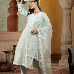 Stylum Women's Pista Green Solid & Embroidered Silk Straight Kurta Pant Dupatta Set (KPDPISTASAKHI)