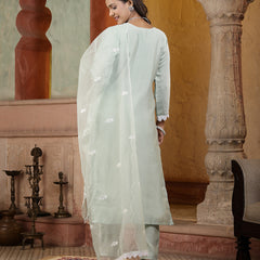 Stylum Women's Pista Green Solid & Embroidered Silk Straight Kurta Pant Dupatta Set (KPDPISTASAKHI)