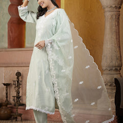 Stylum Women's Pista Green Solid & Embroidered Silk Straight Kurta Pant Dupatta Set (KPDPISTASAKHI)