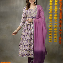 Stylum Women's Printed & Embroidered Rayon Naira Cut Kurta Pant Dupatta Set (KPDPRPLHEART)