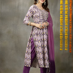 Stylum Women's Printed & Embroidered Rayon Naira Cut Kurta Pant Dupatta Set (KPDPRPLHEART)