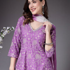 Stylum Women's Floral Printed Rayon Anarkali Kurta Pant Dupatta Set (KPDPRPLNUBRA)