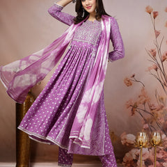 Stylum Women's Purple Bandhej Printed Rayon Flared Kurta Pant Dupatta Set (KPDPURPLEALIA)