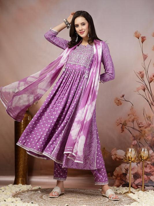 Stylum Women's Purple Bandhej Printed Rayon Flared Kurta Pant Dupatta Set (KPDPURPLEALIA)