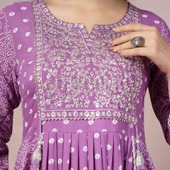 Stylum Women's Purple Bandhej Printed Rayon Flared Kurta Pant Dupatta Set (KPDPURPLEALIA)