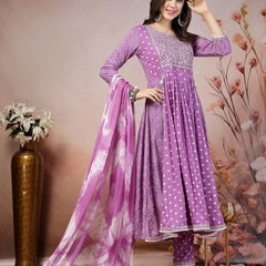 Stylum Women's Purple Bandhej Printed Rayon Flared Kurta Pant Dupatta Set (KPDPURPLEALIA)