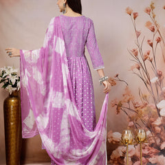 Stylum Women's Purple Bandhej Printed Rayon Flared Kurta Pant Dupatta Set (KPDPURPLEALIA)