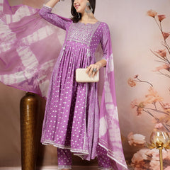 Stylum Women's Purple Bandhej Printed Rayon Flared Kurta Pant Dupatta Set (KPDPURPLEALIA)