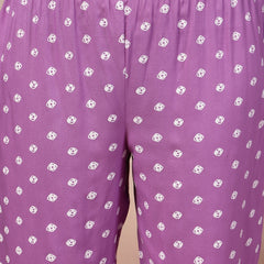 Stylum Women's Purple Bandhej Printed Rayon Flared Kurta Pant Dupatta Set (KPDPURPLEALIA)