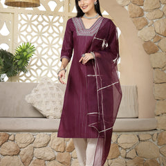 Stylum Women's Purple Woven Design & Embroidered Cotton Blend Lurex Straight Kurta Pant Dupatta Set (KPDPURPLECHAKOR)