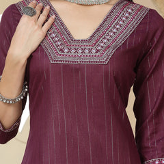 Stylum Women's Purple Woven Design & Embroidered Cotton Blend Lurex Straight Kurta Pant Dupatta Set (KPDPURPLECHAKOR)
