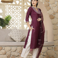Stylum Women's Purple Woven Design & Embroidered Cotton Blend Lurex Straight Kurta Pant Dupatta Set (KPDPURPLECHAKOR)