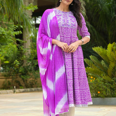 Stylum Women's Bandhej Printed & Embroidered Anarkali Kurta Pant Dupatta Set (KPDPURPLECLOUDY)