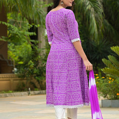 Stylum Women's Bandhej Printed & Embroidered Anarkali Kurta Pant Dupatta Set (KPDPURPLECLOUDY)