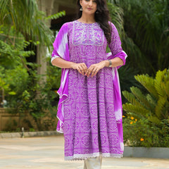 Stylum Women's Bandhej Printed & Embroidered Anarkali Kurta Pant Dupatta Set (KPDPURPLECLOUDY)