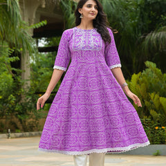 Stylum Women's Bandhej Printed & Embroidered Anarkali Kurta Pant Dupatta Set (KPDPURPLECLOUDY)