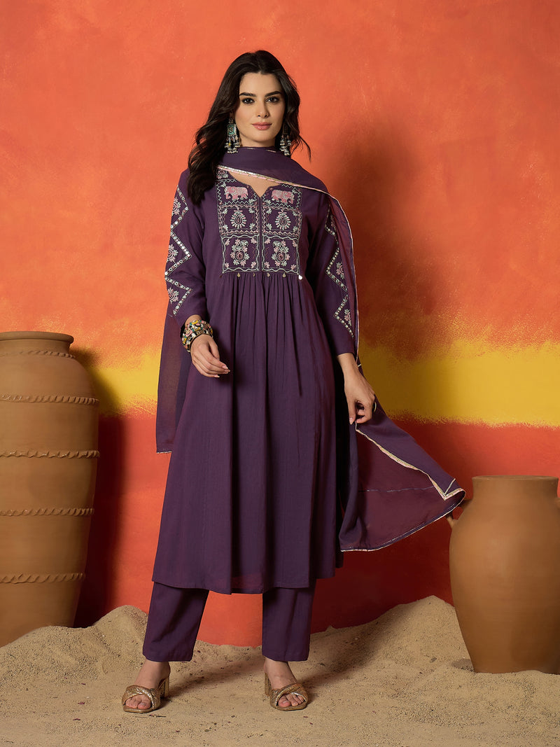 Stylum Women's Purple Solid & Embroidered Pure Cotton A-Line Kurta Pant Dupatta Set (KPDPURPLEDUGGAL)