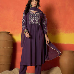 Stylum Women's Purple Solid & Embroidered Pure Cotton A-Line Kurta Pant Dupatta Set (KPDPURPLEDUGGAL)
