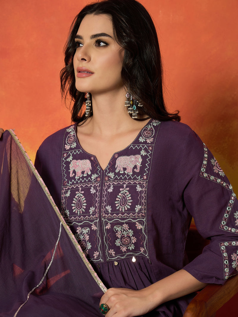 Stylum Women's Purple Solid & Embroidered Pure Cotton A-Line Kurta Pant Dupatta Set (KPDPURPLEDUGGAL)
