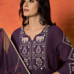 Stylum Women's Purple Solid & Embroidered Pure Cotton A-Line Kurta Pant Dupatta Set (KPDPURPLEDUGGAL)
