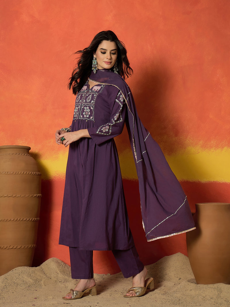 Stylum Women's Purple Solid & Embroidered Pure Cotton A-Line Kurta Pant Dupatta Set (KPDPURPLEDUGGAL)