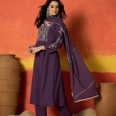 Stylum Women's Purple Solid & Embroidered Pure Cotton A-Line Kurta Pant Dupatta Set (KPDPURPLEDUGGAL)