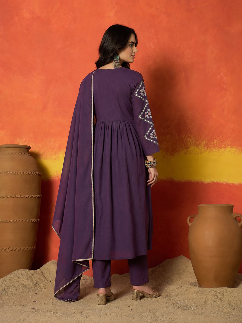 Stylum Women's Purple Solid & Embroidered Pure Cotton A-Line Kurta Pant Dupatta Set (KPDPURPLEDUGGAL)