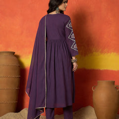 Stylum Women's Purple Solid & Embroidered Pure Cotton A-Line Kurta Pant Dupatta Set (KPDPURPLEDUGGAL)