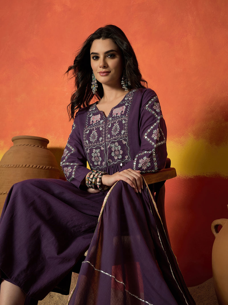 Stylum Women's Purple Solid & Embroidered Pure Cotton A-Line Kurta Pant Dupatta Set (KPDPURPLEDUGGAL)