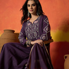 Stylum Women's Purple Solid & Embroidered Pure Cotton A-Line Kurta Pant Dupatta Set (KPDPURPLEDUGGAL)