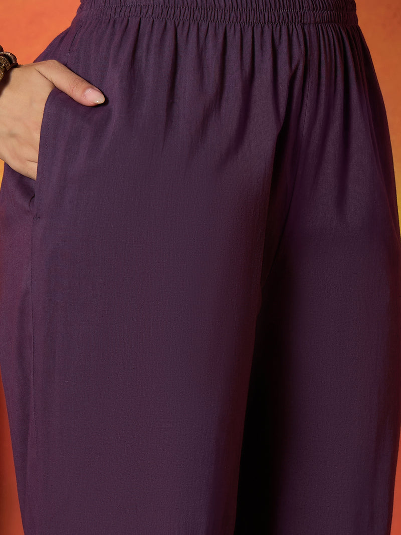 Stylum Women's Purple Solid & Embroidered Pure Cotton A-Line Kurta Pant Dupatta Set (KPDPURPLEDUGGAL)