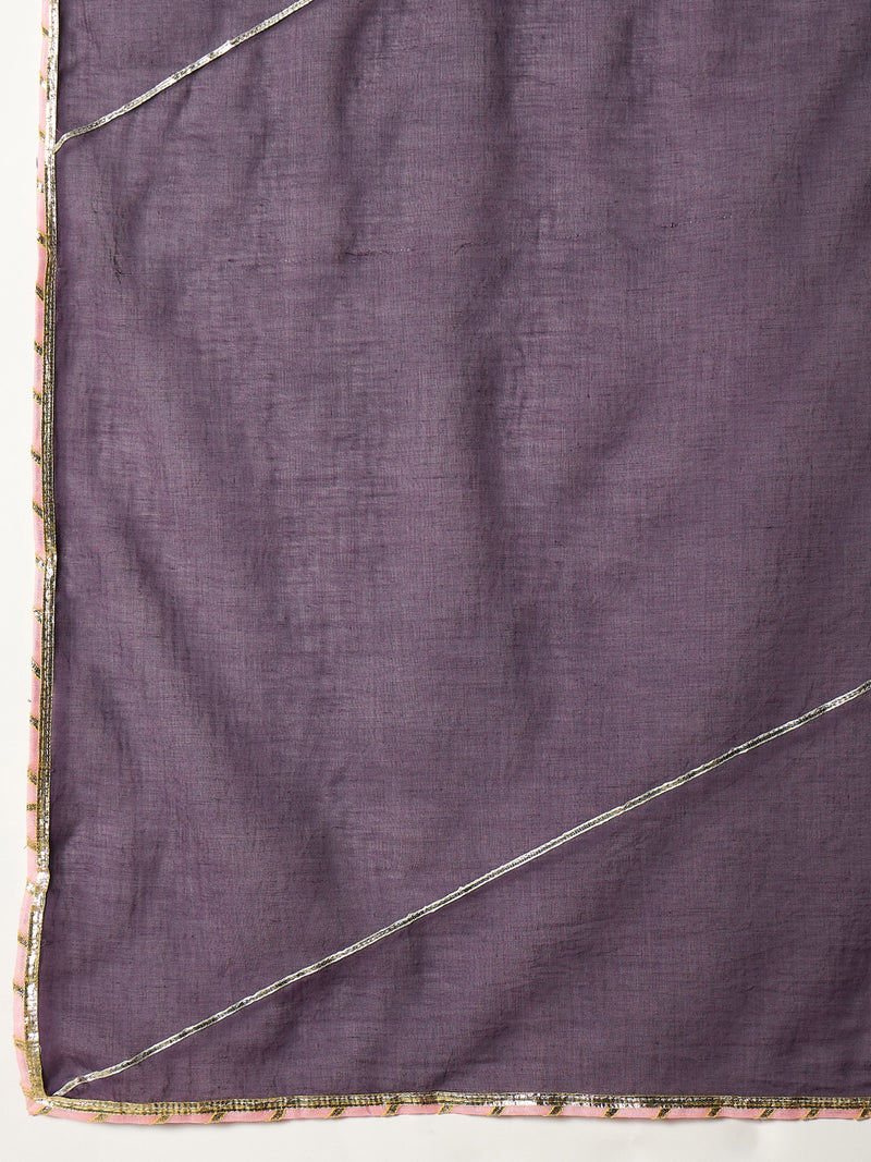 Stylum Women's Purple Solid & Embroidered Pure Cotton A-Line Kurta Pant Dupatta Set (KPDPURPLEDUGGAL)