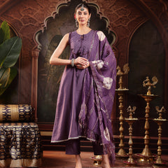Stylum Women's Purple Solid & Embroidered Silk Blend A-Line Kurta Pant Dupatta Set (KPDPURPLEFABLE)