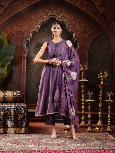 Stylum Women's Purple Solid & Embroidered Silk Blend A-Line Kurta Pant Dupatta Set (KPDPURPLEFABLE)
