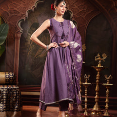 Stylum Women's Purple Solid & Embroidered Silk Blend A-Line Kurta Pant Dupatta Set (KPDPURPLEFABLE)
