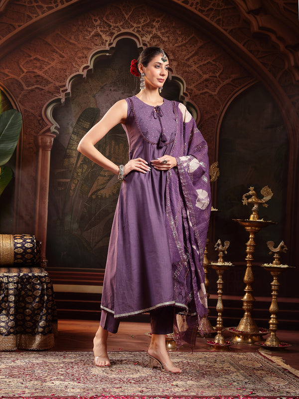 Stylum Women's Purple Solid & Embroidered Silk Blend A-Line Kurta Pant Dupatta Set (KPDPURPLEFABLE)