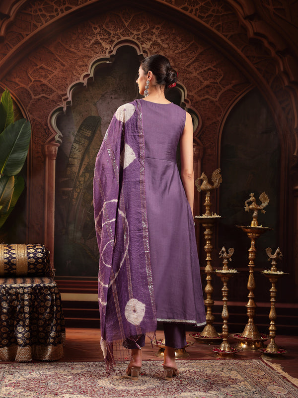 Stylum Women's Purple Solid & Embroidered Silk Blend A-Line Kurta Pant Dupatta Set (KPDPURPLEFABLE)