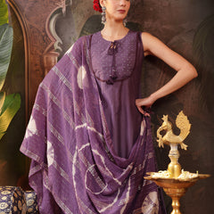 Stylum Women's Purple Solid & Embroidered Silk Blend A-Line Kurta Pant Dupatta Set (KPDPURPLEFABLE)
