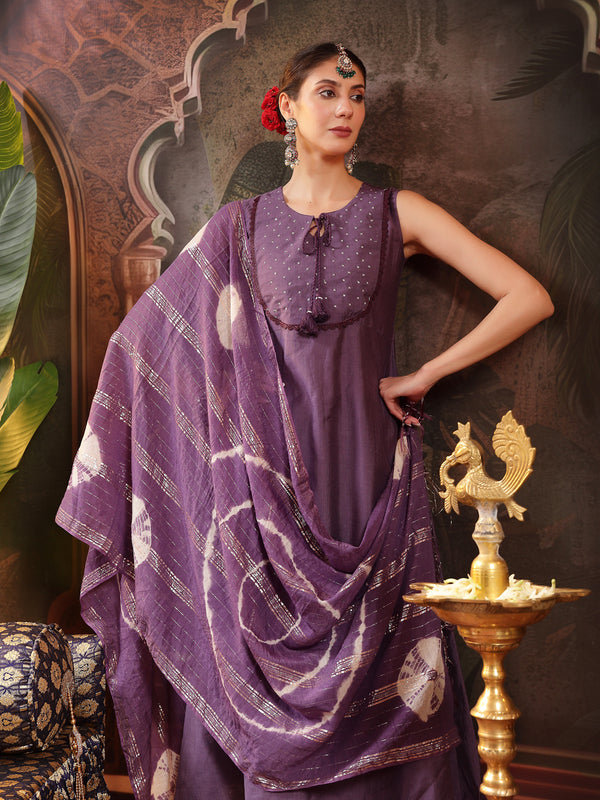 Stylum Women's Purple Solid & Embroidered Silk Blend A-Line Kurta Pant Dupatta Set (KPDPURPLEFABLE)