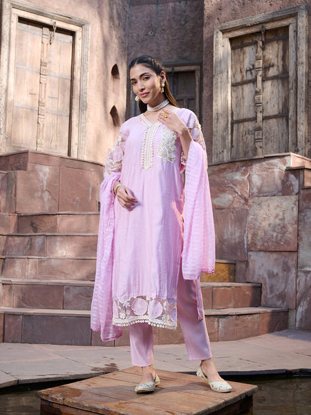 Stylum Women's Purple Solid & Embroidered Silk Straight Kurta Pant Dupatta Set (KPDPURPLEGALA)
