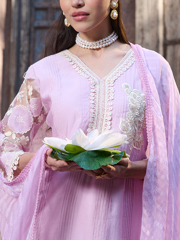 Stylum Women's Purple Solid & Embroidered Silk Straight Kurta Pant Dupatta Set (KPDPURPLEGALA)