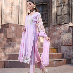 Stylum Women's Purple Solid & Embroidered Silk Straight Kurta Pant Dupatta Set (KPDPURPLEGALA)