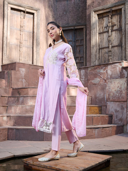 Stylum Women's Purple Solid & Embroidered Silk Straight Kurta Pant Dupatta Set (KPDPURPLEGALA)