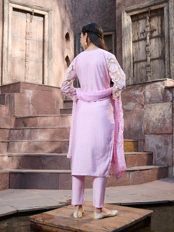 Stylum Women's Purple Solid & Embroidered Silk Straight Kurta Pant Dupatta Set (KPDPURPLEGALA)