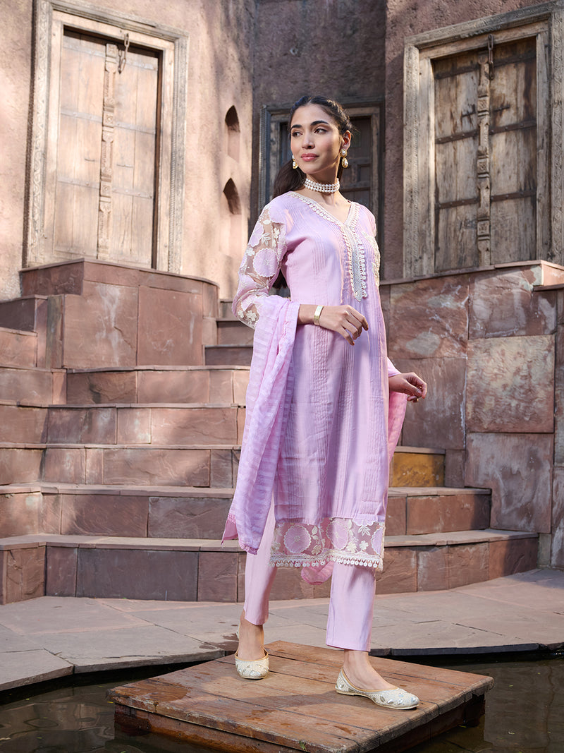 Stylum Women's Purple Solid & Embroidered Silk Straight Kurta Pant Dupatta Set (KPDPURPLEGALA)