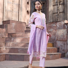 Stylum Women's Purple Solid & Embroidered Silk Straight Kurta Pant Dupatta Set (KPDPURPLEGALA)